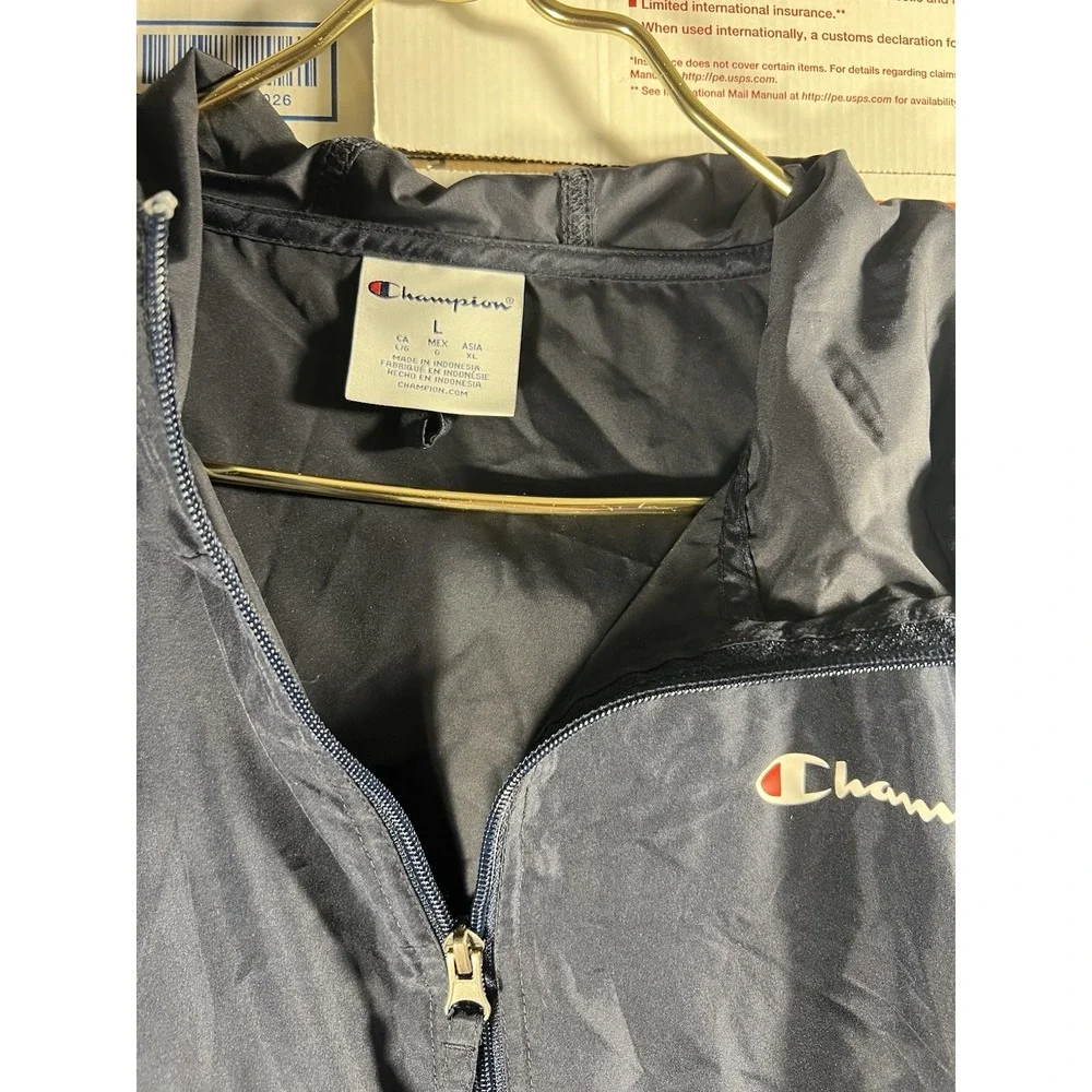 Champion Pullover Jacket Mens Large Hooded Windbreaker Black‎ Recycled Polyester